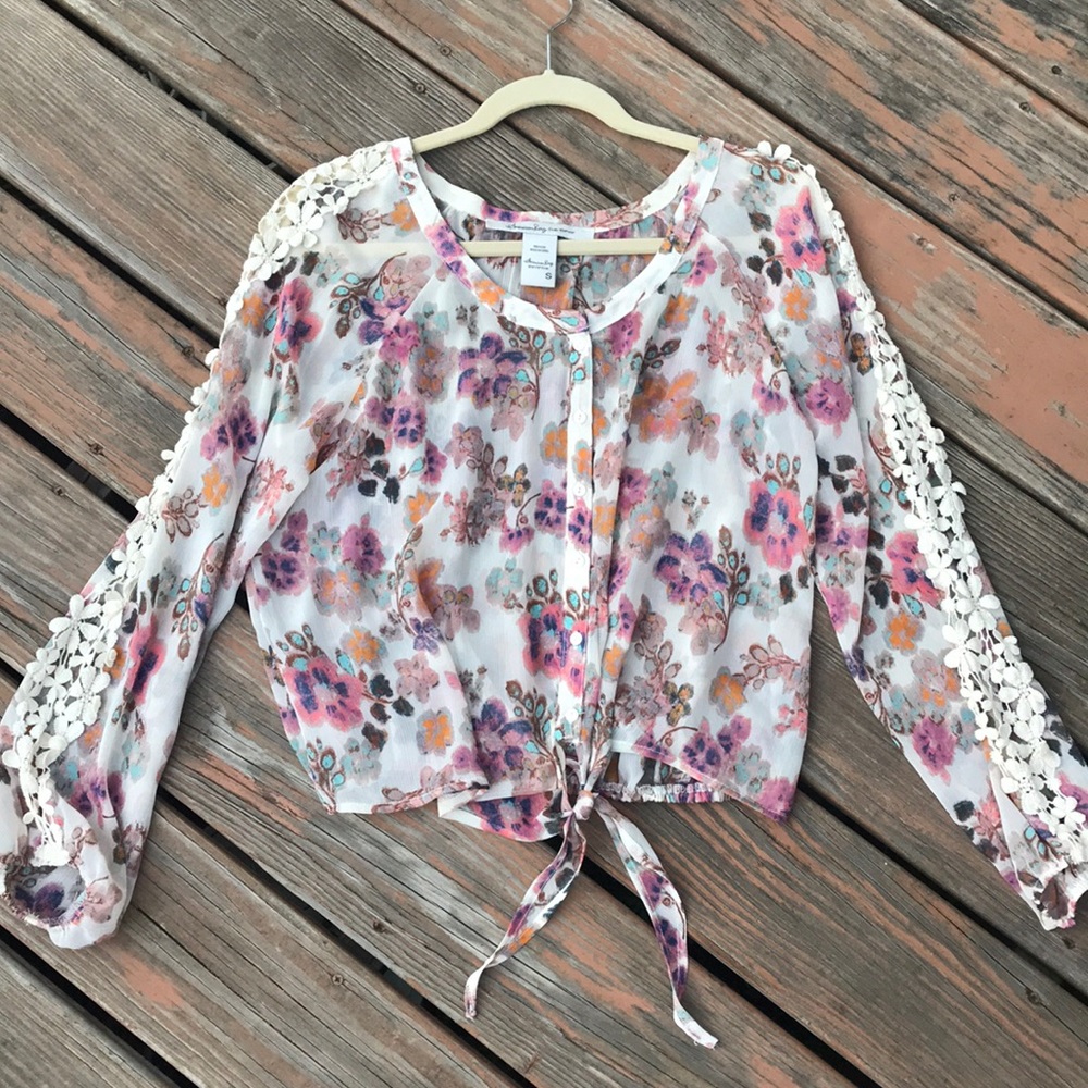 American Rag Floral Tie-Front Blouse in White with Pink, Purple & Orange Accents